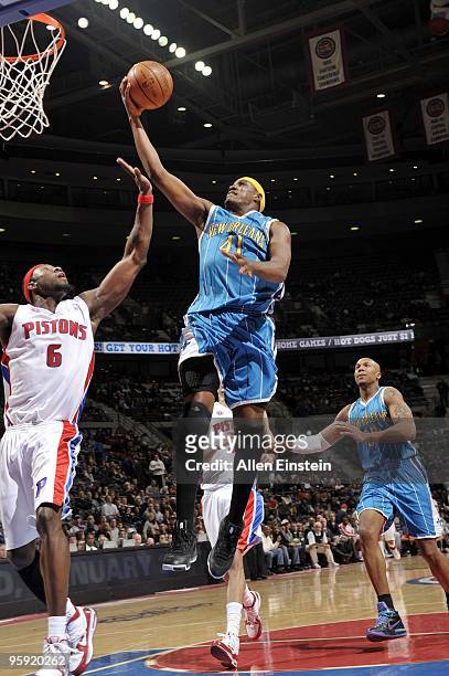 James Posey of the New Orleans Hornets shoots a layup against Ben Wallace of the Detroit Pistons during the game at the Palace of Auburn Hills on...