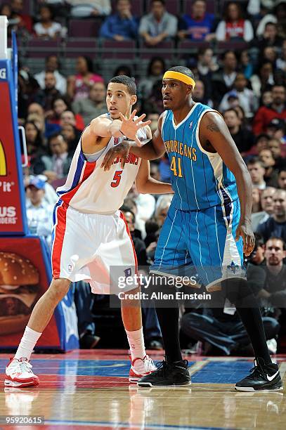 Austin Daye of the Detroit Pistons defends against James Posey of the New Orleans Hornets during the game at the Palace of Auburn Hills on January...