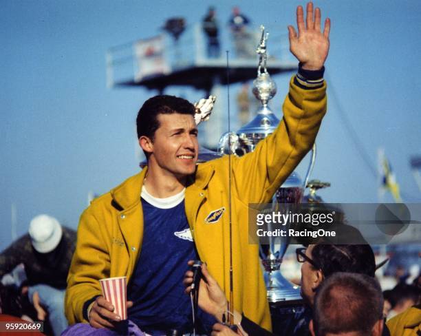 Richard Petty waves to the crowd after leading a 1-2-3 sweep by Plymouths in the Daytona 500, thrilling a sold out crowd of almost 70,000 on February...
