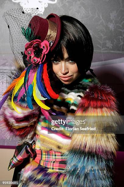 Aura Dione poses at the Burda Style Group Preview during the Mercedes-Benz Fashion Week Berlin Autumn/Winter 2010 at the Hamburger Bahnhof on January...