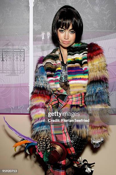 Aura Dione poses at the Burda Style Group Preview during the Mercedes-Benz Fashion Week Berlin Autumn/Winter 2010 at the Hamburger Bahnhof on January...