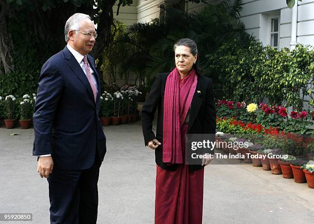 Mohammed Najib Tun Abdul Razak Prime Minister of Malaysia meets Congress President Sonia Gandhi in New Delhi.
