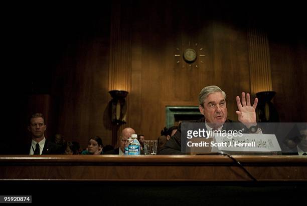Jan 20: FBI Director Robert S. Mueller III during the Senate Judiciary hearing on anti-terrorism tools and communication. Administration officials...