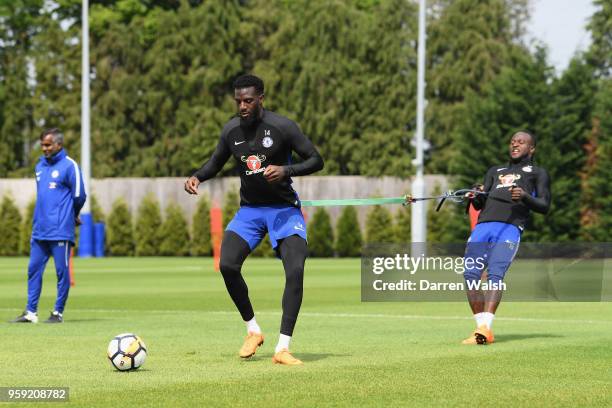 Tiemoue Bakayoko and Victor Moses of Chelsea during a Strength and Conditioning training session at Chelsea Training Ground on May 16, 2018 in...