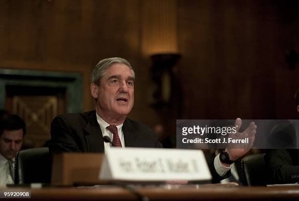 Jan 20: FBI Director Robert S. Mueller III during the Senate Judiciary hearing on anti-terrorism tools and communication. Administration officials...