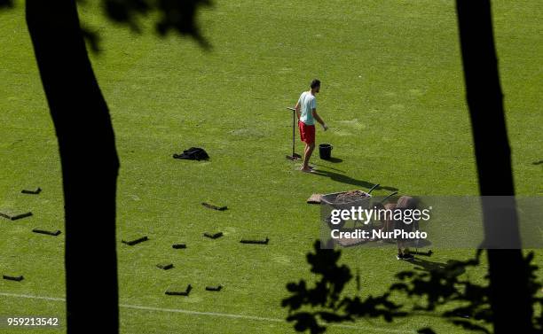 Servicemen prepare the field of Valeriy Lobanovskiy Dynamo Stadium for UWCL final in Kyiv, Ukraine, May 15, 2018. Kyiv prepares to host UEFA Women's...