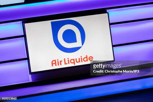 The AirLiquide logo during the Groups Annual General Meeting in the presence of shareholders on May 16, 2018 in Paris, France. The French industrial...