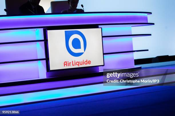 The AirLiquide logo during the Groups Annual General Meeting in the presence of shareholders on May 16, 2018 in Paris, France. The French industrial...