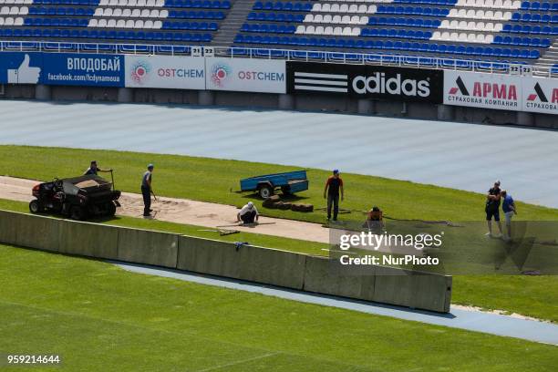 Servicemen prepare the Valeriy Lobanovskiy Dynamo Stadium for UWCL final in Kyiv, Ukraine, May 16, 2018. Kyiv prepares to host UEFA Women's Champions...