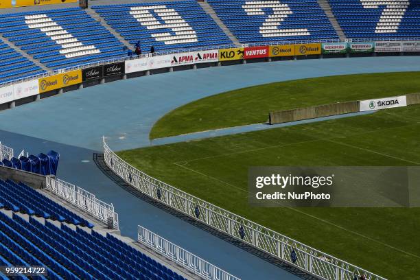 Servicemen prepare the field of Valeriy Lobanovskiy Dynamo Stadium for UWCL final in Kyiv, Ukraine, May 16, 2018. Kyiv prepares to host UEFA Women's...