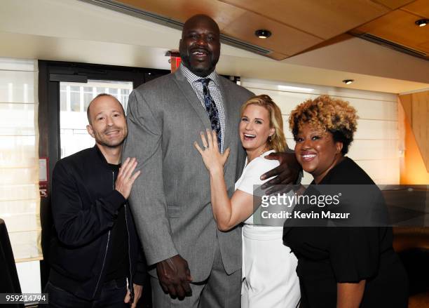 Mike Rubens, Shaquille O'Neal, Allana Harkin, and Ashley Nicole Black attend the Turner Upfront 2018 green room at Nick and Stefs Steakhouse on May...