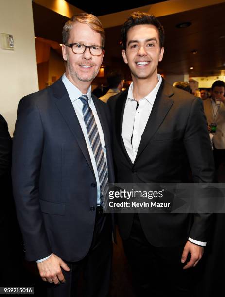 President of truTV Chris Linn and Michael Carbonaro attends the Turner Upfront 2018 green room at Nick and Stefs Steakhouse on May 16, 2018 in New...