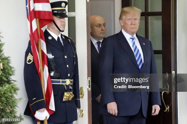 President Donald Trump waits for the arrival of Shavkat Mirziyoev, Uzbekistan's president, not pictured, ahead of a bilateral meeting at the White...