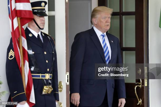 President Donald Trump waits for the arrival of Shavkat Mirziyoev, Uzbekistan's president, not pictured, ahead of a bilateral meeting at the White...