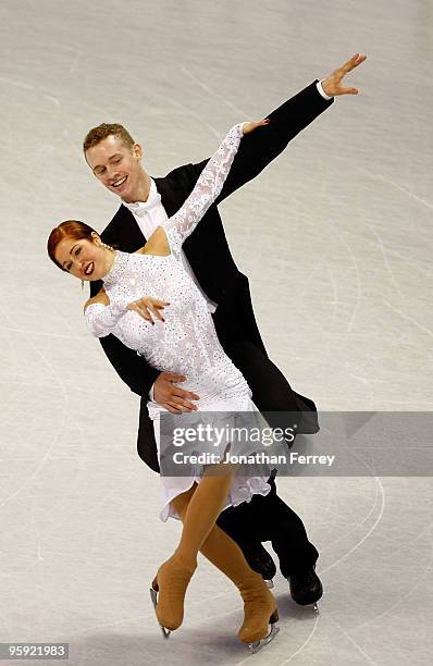 Emily Samuelson and Evan Bates skate during the compulsory dance at the US Figure Skating Championships at Spokane Arena on January 21, 2010 in...