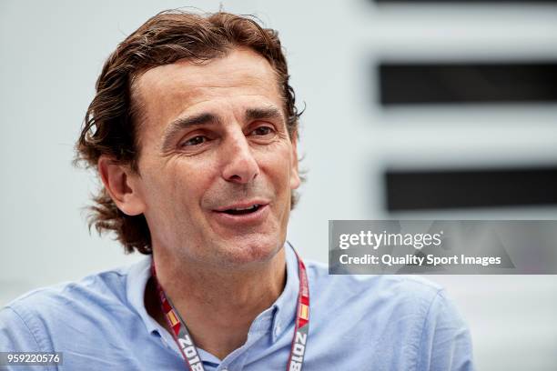 Former Formula One driver Pedro de la Rosa of Spain attends during the Spanish Formula One Grand Prix at Circuit de Catalunya on May 12, 2018 in...