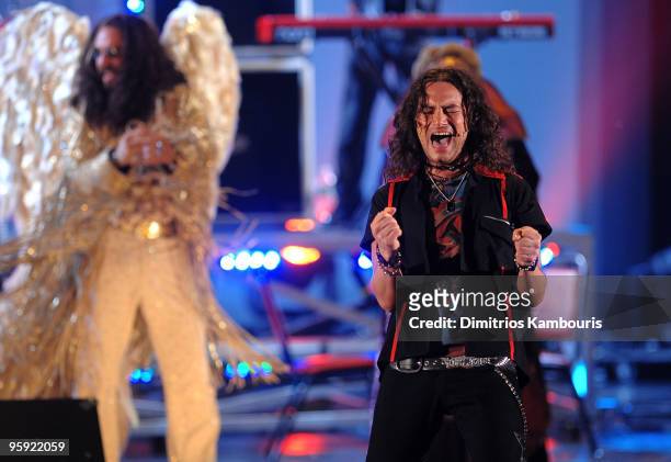 Constantine Maroulis performs a song with the cast of "Rock of Ages" on stage during the 63rd Annual Tony Awards at Radio City Music Hall on June 7,...