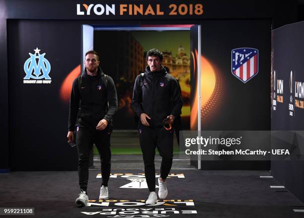 Jan Oblak of Atletico Madrid and team mate Stefan Savic arrive at the stadium ahead of the UEFA Europa League Final between Olympique de Marseille...