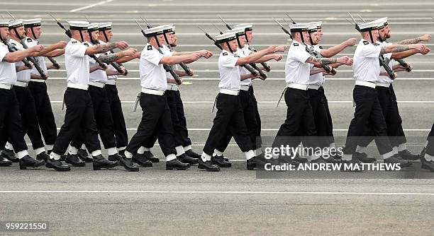 Members of the Royal Navy Small Ships and Diving unit practice their ceremonial support ahead of the wedding of Britain's Prince Harry and his fiance...