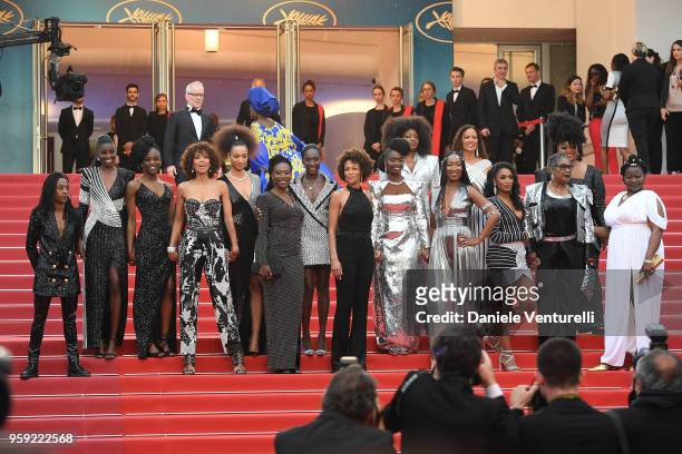 Authors of the book "Noire N'est Pas Mon Métier" pose on the stairs at the screening of "Burning" during the 71st annual Cannes Film Festival at...