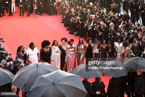 Authors of the book "Noire N'est Pas Mon Métier" attend the screening of "Burning" during the 71st annual Cannes Film Festival at Palais des...