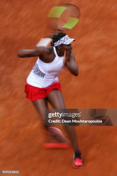 Venus Williams of USA returns a forehand in her match against Elena Vesnina of Russia during day 4 of the Internazionali BNL d'Italia 2018 tennis at...