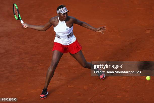 Venus Williams of USA returns a forehand in her match against Elena Vesnina of Russia during day 4 of the Internazionali BNL d'Italia 2018 tennis at...