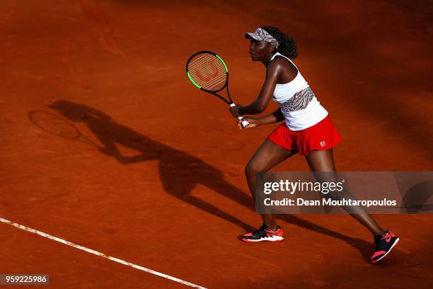 Venus Williams of USA returns a backhand in her match against Elena Vesnina of Russia during day 4 of the Internazionali BNL d'Italia 2018 tennis at...