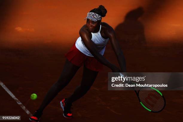 Venus Williams of USA returns a backhand in her match against Elena Vesnina of Russia during day 4 of the Internazionali BNL d'Italia 2018 tennis at...