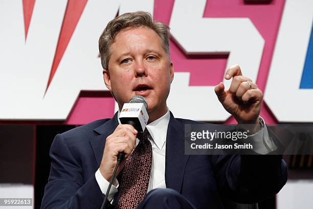 Chairman and CEO Brian France speaks with the media during the NASCAR Sprint Media Tour hosted by Charlotte Motor Speedway, held at the NASCAR...