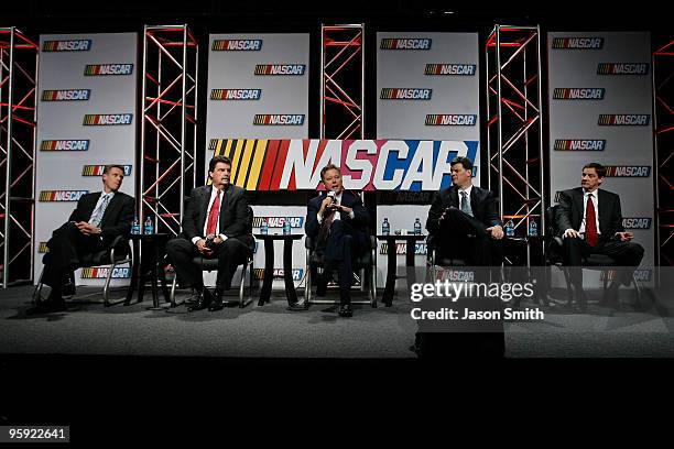 Chairman and CEO Brian France speaks with the media, as Steve Phelps , Chief Marketing Officer, Mike Helton , President, Steve O'Donnell , Senior VP...