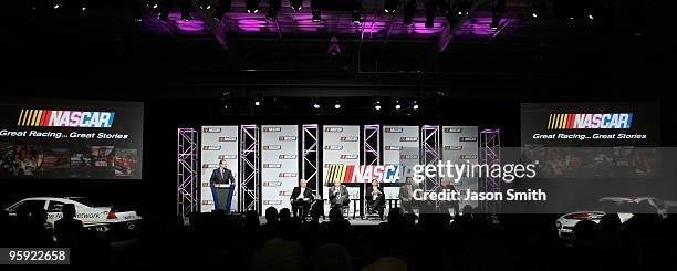 General view of the NASCAR press conference held during the NASCAR Sprint Media Tour hosted by Charlotte Motor Speedway, held at the NASCAR Research...