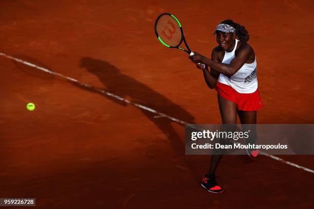 Venus Williams of USA returns a backhand in her match against Elena Vesnina of Russia during day 4 of the Internazionali BNL d'Italia 2018 tennis at...