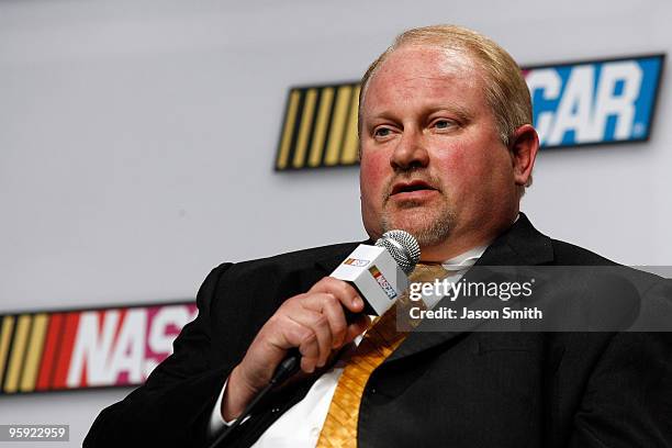 Touring Series Director Richard Buck speaks with the media during the NASCAR Sprint Media Tour hosted by Charlotte Motor Speedway, held at the NASCAR...