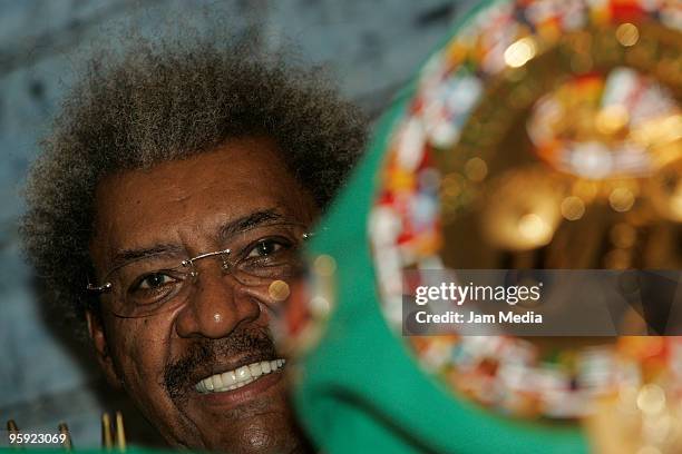 Promoter Don King poses for the photographers during the press conference of boxing function 'The Kukulcan Battle at Yucatan', which will face...