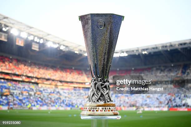 Detailed view of the trophy ahead of the UEFA Europa League Final between Olympique de Marseille and Club Atletico de Madrid at Stade de Lyon on May...