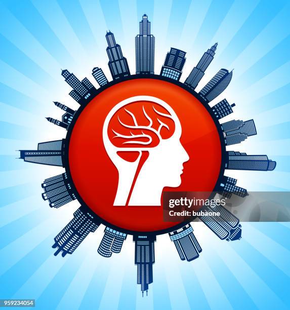 brain scan on modern cityscape skyline background - window reflection skyscraper stock illustrations