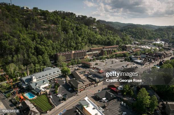 This mountain resort town, located in Sevier County, is viewed from the "space needle" on May 11, 2018 in Gatlinburg, Tennessee. Situated near the...