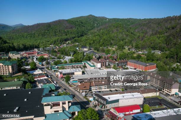 This mountain resort town, located in Sevier County, is viewed from the "space needle" on May 11, 2018 in Gatlinburg, Tennessee. Situated near the...