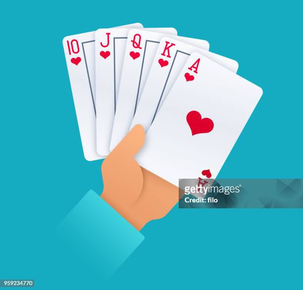 hand holding royal flush gambling playing cards - hand holding card stock illustrations