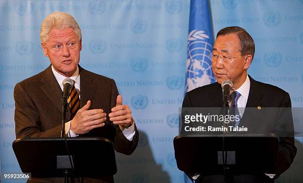 Former President and United Nations Special Envoy for Haiti, Bill Clinton and U.N. Secretary-General Ban Ki-moon speak with reporters during a news...