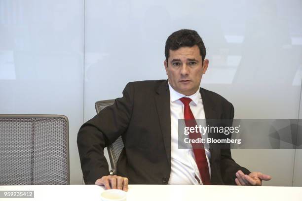 Brazilian Federal Judge Sergio Moro speaks during an interview in New York, U.S., on Wednesday, May 16, 2018. Moro is the lead prosecutor in Brazil's...
