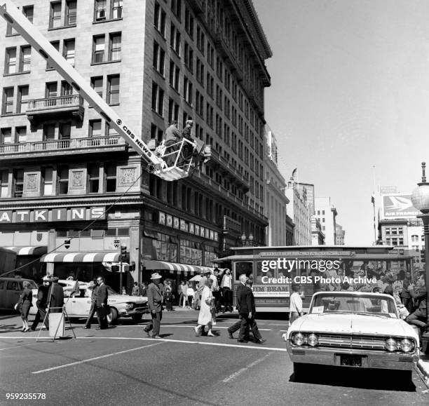 News coverage in advance of the 1964 Republican National Convention in San Francisco, CA. July 8, 1964. Pictured is a CBS News crane.