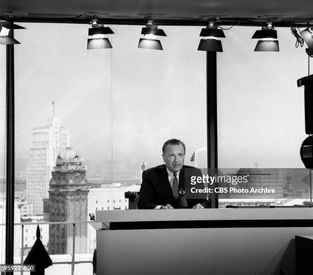 News coverage in advance of the 1964 Republican National Convention in San Francisco, CA. July 8, 1964. Pictured is CBS News anchor Walter Cronkite...
