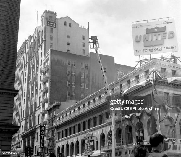 News coverage in advance of the 1964 Republican National Convention in San Francisco, CA. July 8, 1964. Pictured is a CBS News crane.