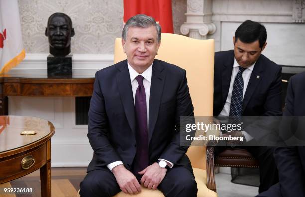 Shavkat Mirziyoev, Uzbekistan's president, listens during a meeting with U.S. President Donald Trump in the Oval Office of the White House in...