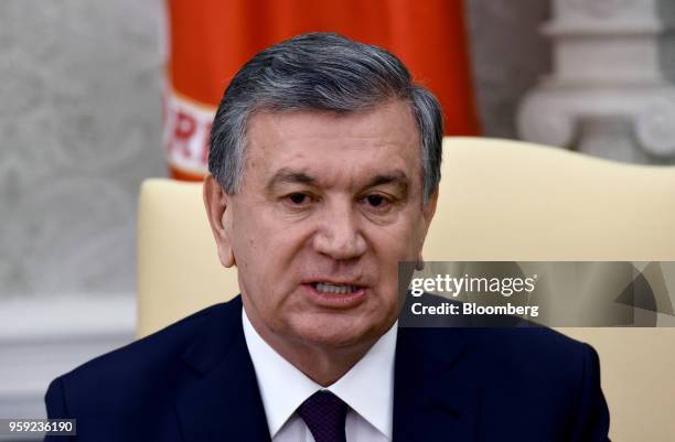 Shavkat Mirziyoev, Uzbekistan's president, speaks during a meeting with U.S. President Donald Trump in the Oval Office of the White House in...