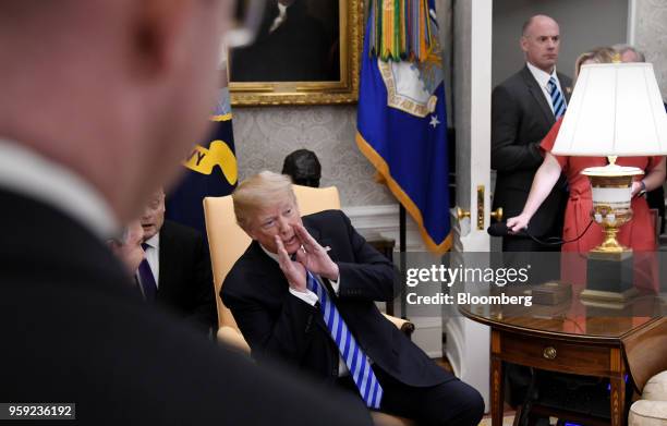 President Donald Trump speaks to members of the media during a meeting with Shavkat Mirziyoev, Uzbekistan's president, in the Oval Office of the...