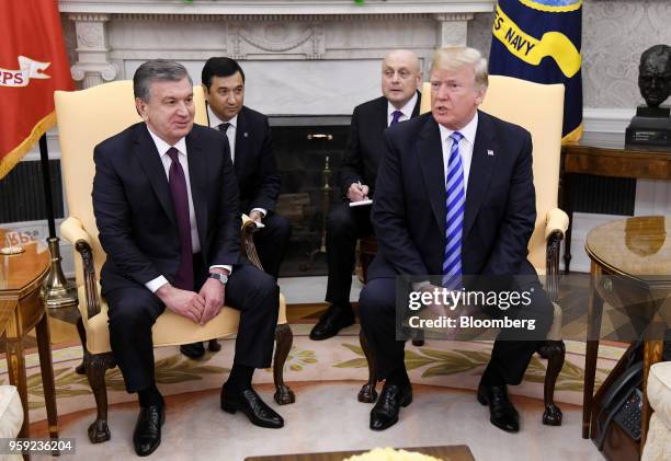 President Donald Trump, right, speaks as Shavkat Mirziyoev, Uzbekistan's president, listens during a meeting in the Oval Office of the White House in...