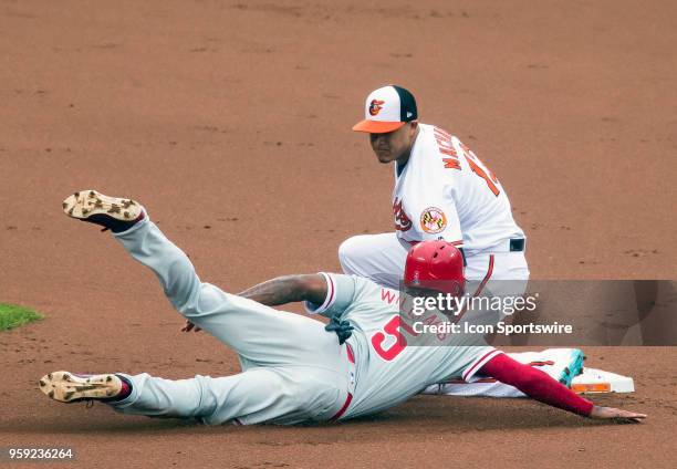 Baltimore Orioles shortstop Manny Machado has Philadelphia Phillies right fielder Nick Williams out stealing at second in the second inning during a...